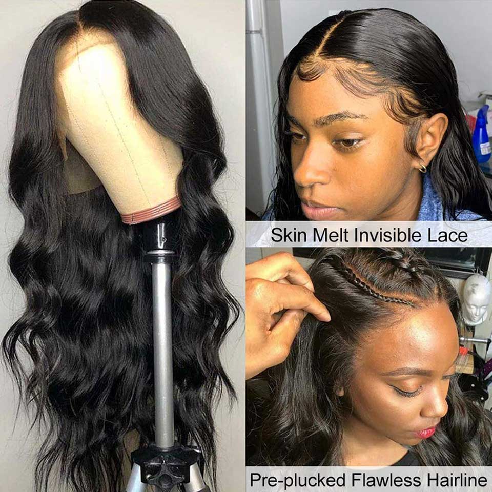 Brazilian Body Wave HD Transparent Pre Plucked Wavy Human Hair Lace Front Wig