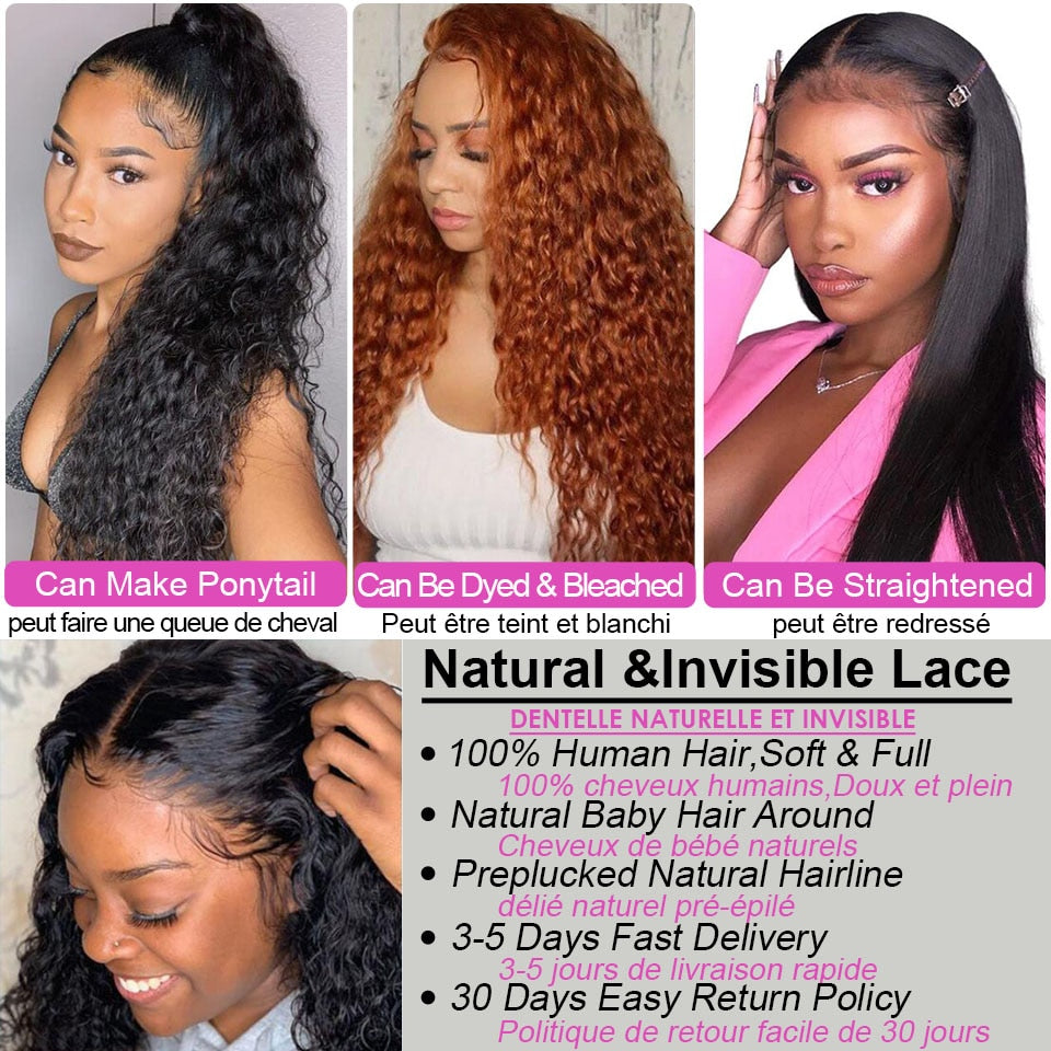 Brazilian Pre Plucked Water Wave Transparent Lace Front Wigs Closure