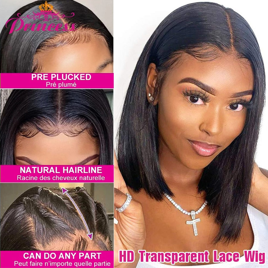 Brazilian Pre Plucked Straight Short Bob 13x4 HD Transparent Lace Front Human Hair Wigs