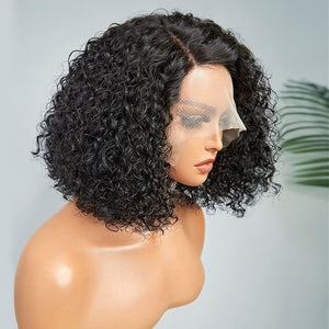Peruvian Pre Plucked Short Kinky Curly Bob Human Hair T Part Lace Wig