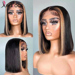 Peruvian Remy Straight Pre Plucked Highlight Coloured T Part Lace Bob Wig