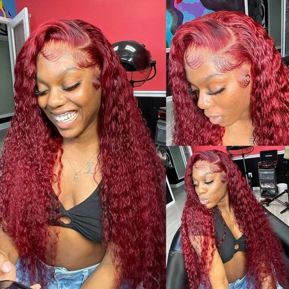 Burgundy HD Deep Wave Transparent Deep Curly Full Lace Front Wig