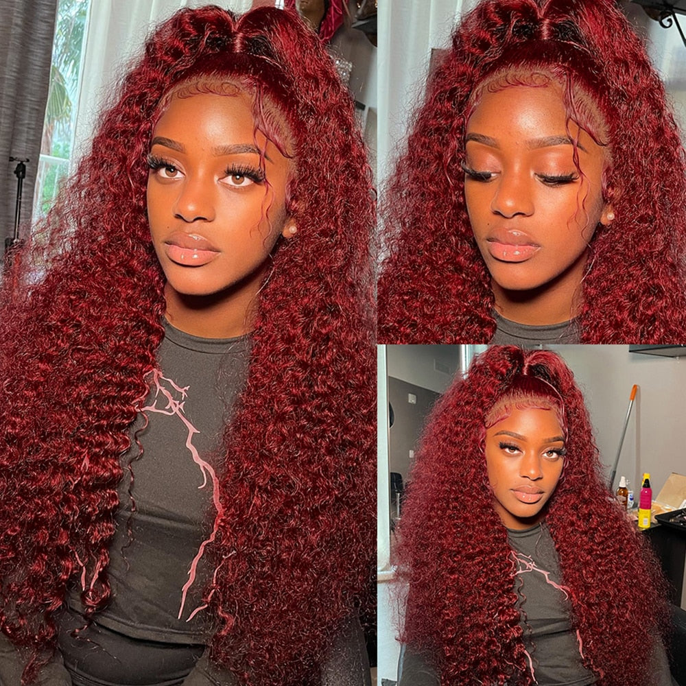 Burgundy HD Deep Wave Transparent Deep Curly Full Lace Front Wig