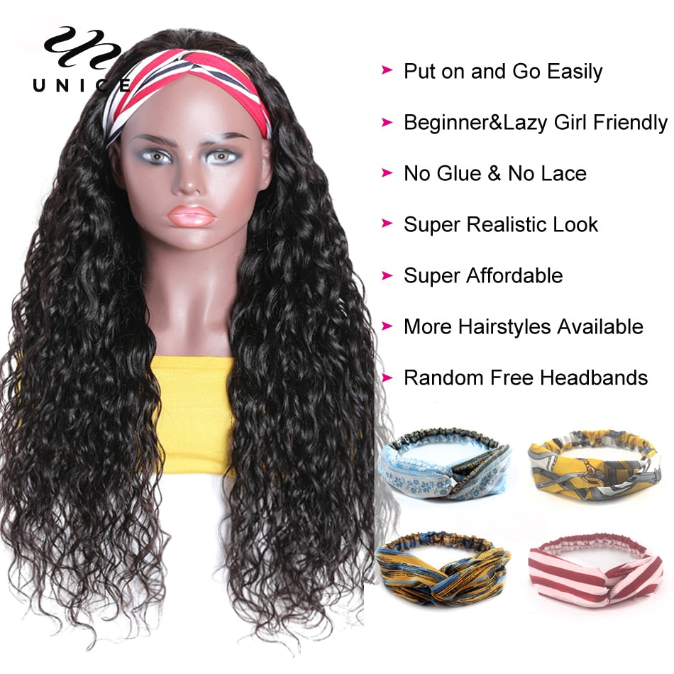 Human Hair Headband Scarf Water Wave Human Hair Wigs