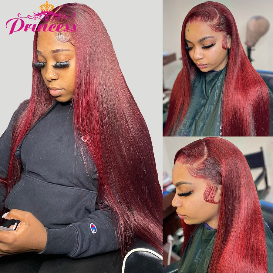 Burgundy 13x4 /13x6 HD Straight Transparent Lace Front Human Hair Wigs