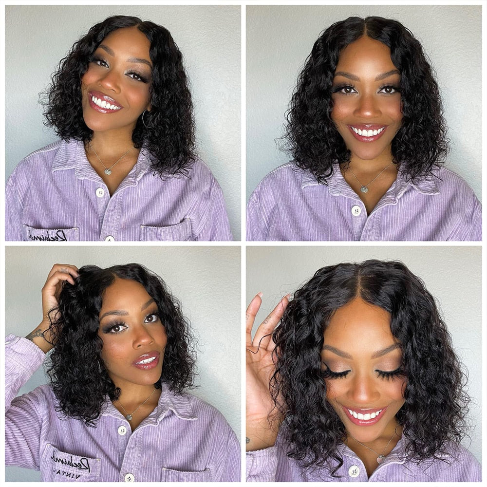 Pre Plucked Short Glueless Curly Water Lace Front Human Hair Bob Wig