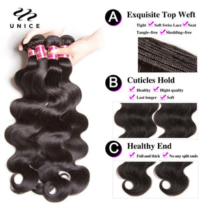 UNICE 30Inch Body Wave Brazilian Virgin Hair Bundles Natural Color 100% Human Hair Weave 1/3/4 pcs for Africa American Women