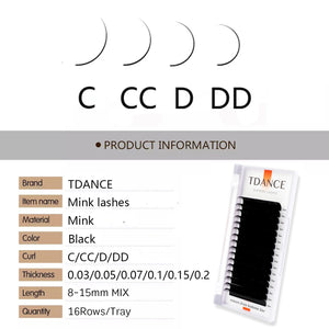 TDANCE 16Rows C/CC/D/DD Individual Natural Faux Mink Volume Eyelash Extension