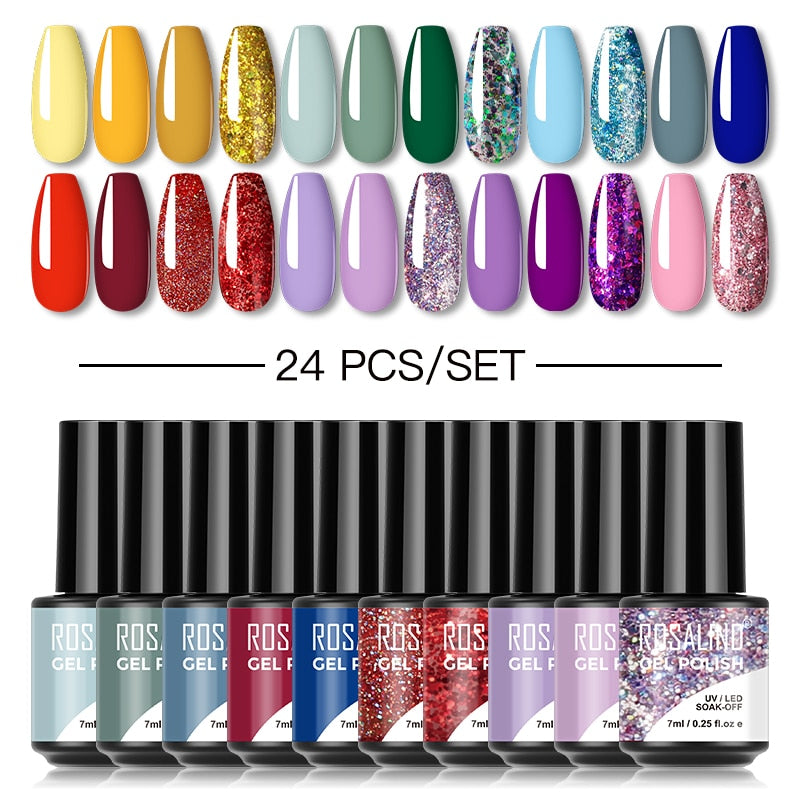 ROSALIND Gel Nail Polish Set  24PCS Winter Semi Permanent Gel Hybrid Varnish Need Base Top Coat Nails Art Nail Polish Kit