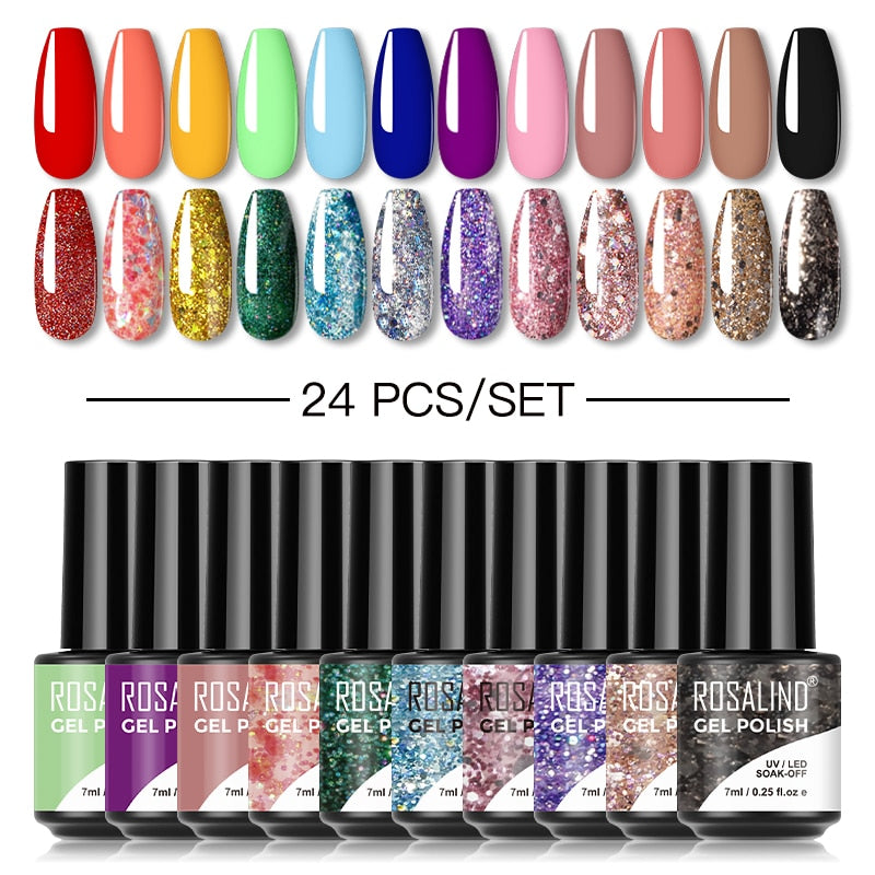 ROSALIND Gel Nail Polish Set  24PCS Winter Semi Permanent Gel Hybrid Varnish Need Base Top Coat Nails Art Nail Polish Kit