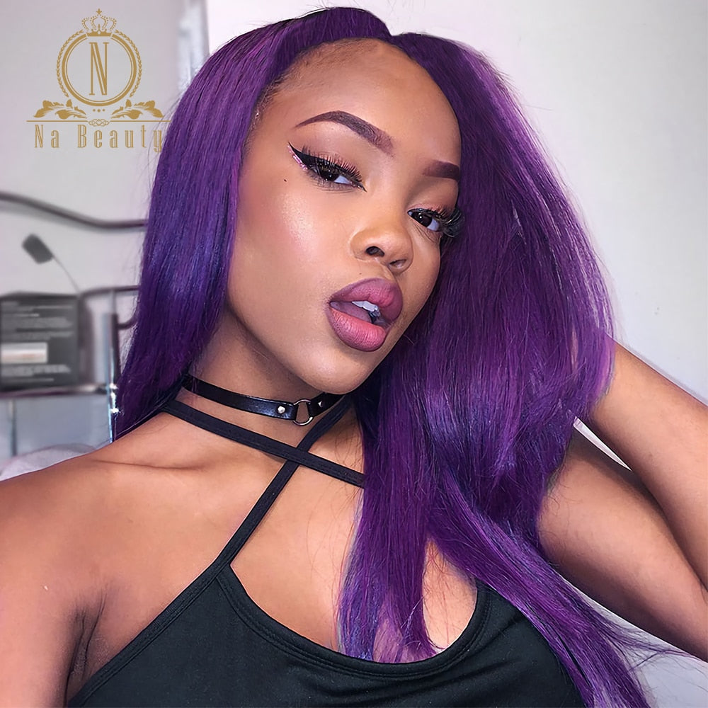 180 Density Full Lace Human Hair Wigs for Black Women Brazilian Straight Purple Color Ombre Pre Plucked With Baby Hair Nabeauty