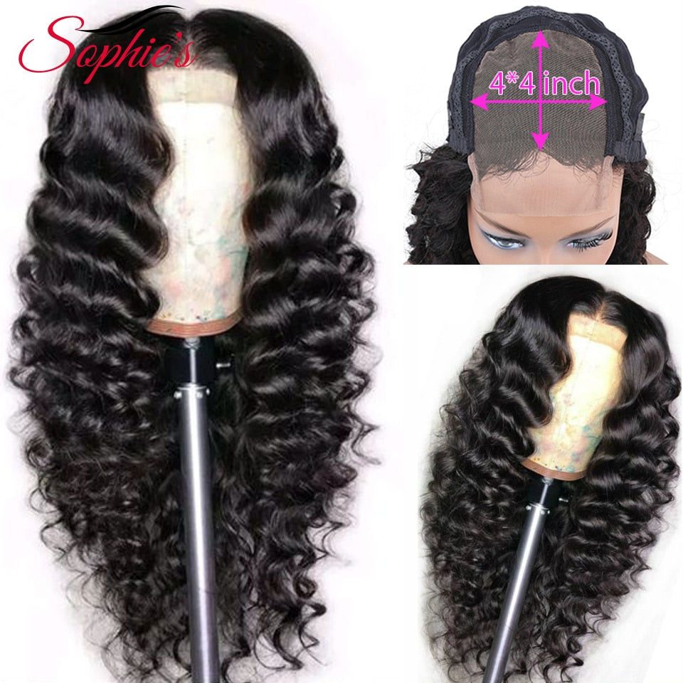 Sophies Deep Wave 4*4 Lace Closure Human Hair Wigs For Black Women Pre Plucked Hairline 150% Density Brazilian Non-Remy Hair