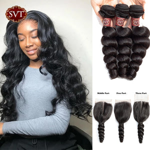 SVT Brazilian Hair Weave Bundles With Lace Closure Loose Wave Bundles With Closure Non-Remy Human Hair 3 Bundles With Closure