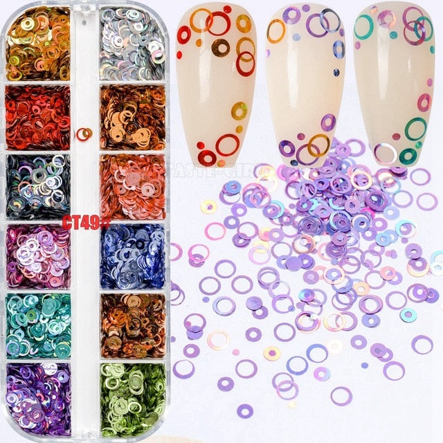 12 Grids/Box Mix Sizes Dreamlike Rainbow Round Holo Circle Sequins Nail Glitter Paillette Nail Art Slice Sequins Decals Set