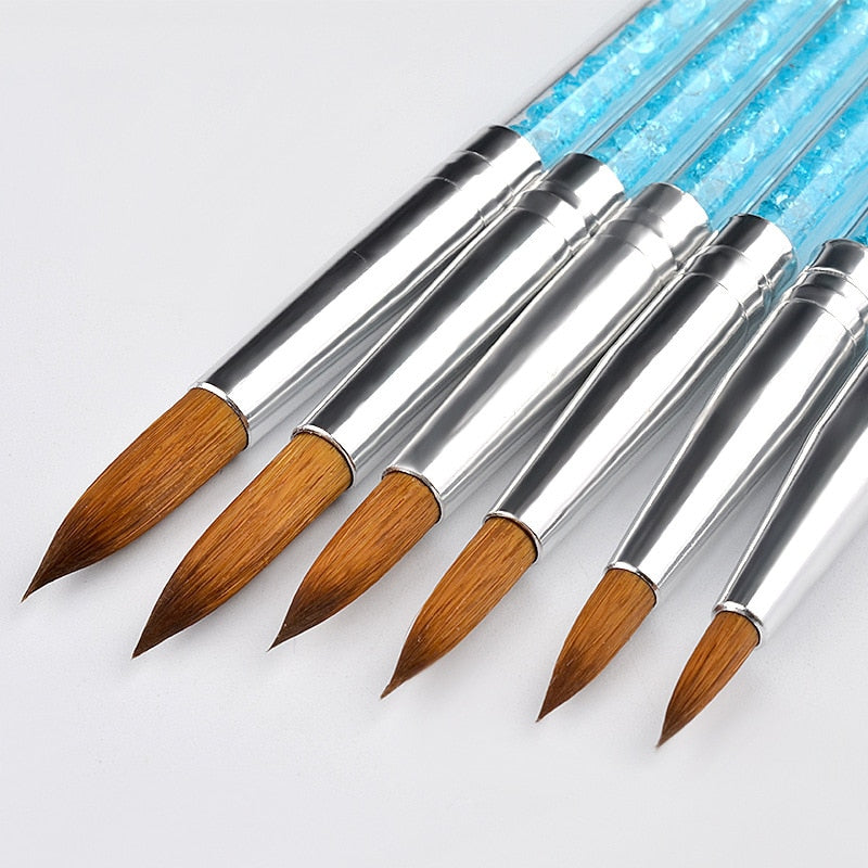 6Pcs/set Nylon Hair Nail Brush Blue Rhinestone Handle Kolinsky Acrylic Brush Pen Nail Gel Builder Carving Dotting Drawing Tools