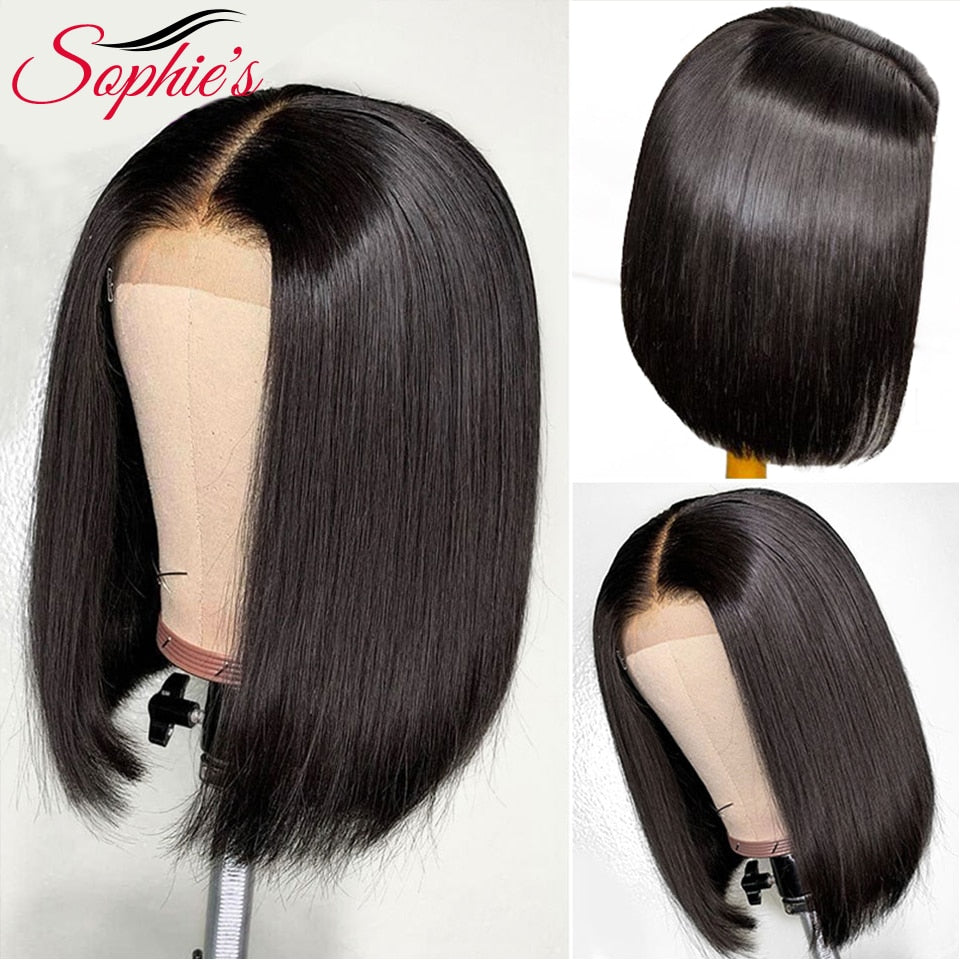 Sophie's 4*4 Lace Closure Short Bob Human Hair Wigs Pre-Plucked Brazilian Straight Human Hair Wigs 180% Density Remy wig 8-14"