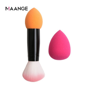 MAANGE 1pc Professional blusher brush 2 heads Nylon Make up Brushes Two Head Metal Cosmetic Tools with Sponge for Makeup Tools