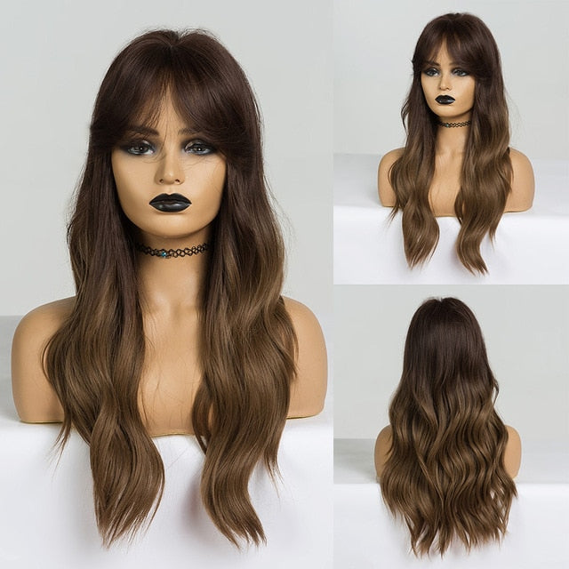 EASIHAIR Long Dark Brown Women's Wigs with Bangs Water Wave Heat Resistant Synthetic Wigs for Black Women African American Hair