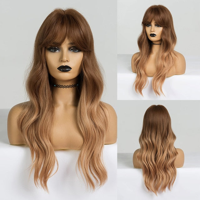 EASIHAIR Long Dark Brown Women's Wigs with Bangs Water Wave Heat Resistant Synthetic Wigs for Black Women African American Hair