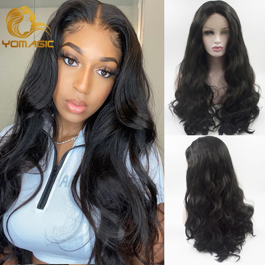 Yomagic Hair Body Wave Lace Front Wigs for Women Black Color Synthetic Hair Glueless Lace Wigs with Natural Hairline