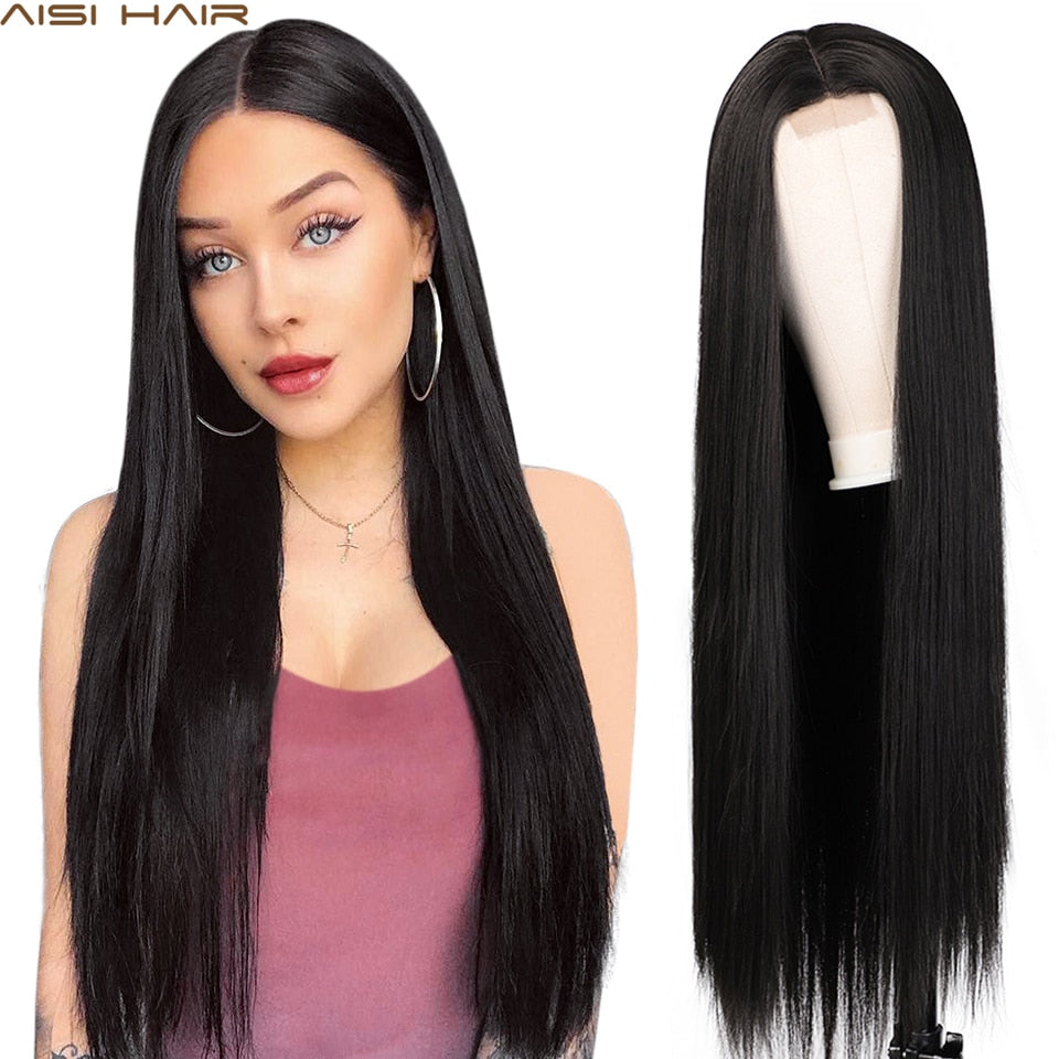 AISI HAIR Long Straight Black Wig Synthetic Wigs for Women Natural Middle Part Lace Wig Heat Resistant Fiber Natural Looking Wig