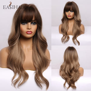 EASIHAIR Long Dark Brown Women's Wigs with Bangs Water Wave Heat Resistant Synthetic Wigs for Black Women African American Hair