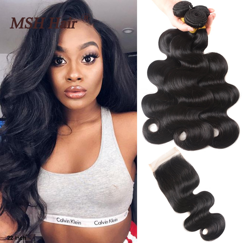 MSH Hair Brazilian Body Wave Bundles With Closure Human Hair Bundles With Closure Brazilian Hair With Lace Closure Non-Remy