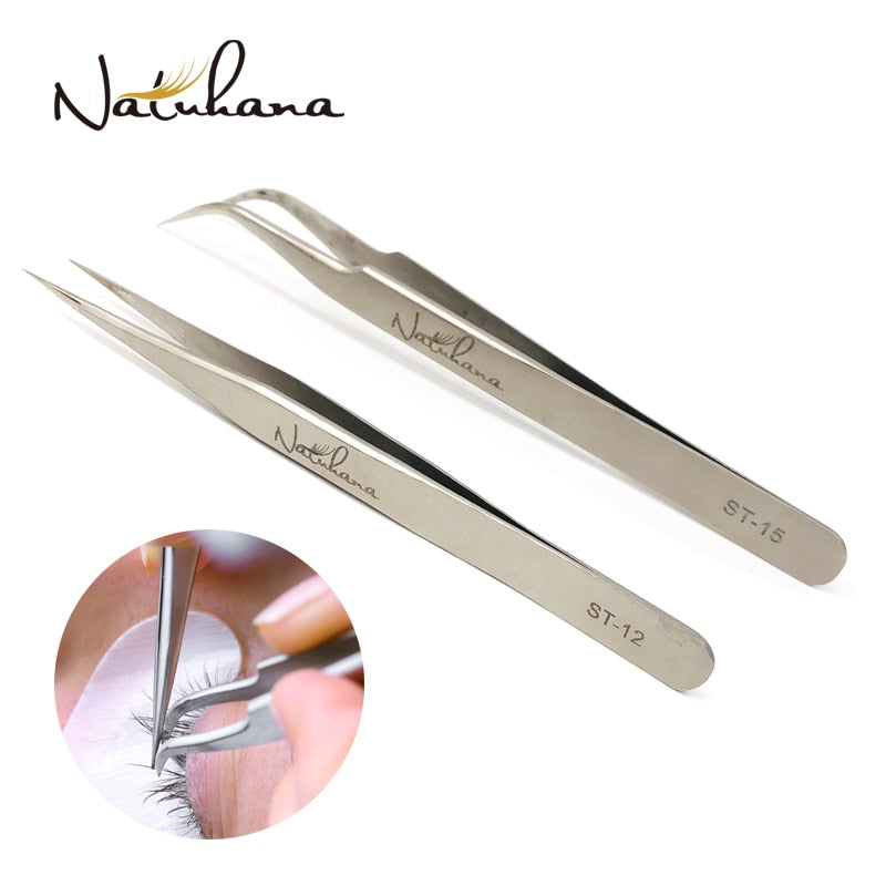 NATUHANA Volume Lash Tweezers Stainless Steel Anti-static Curved Straight Tip Eyelash Tweezers for Eyelash Extension Makeup Tool