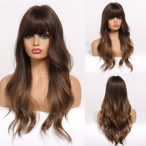 EASIHAIR Long Dark Brown Women's Wigs with Bangs Water Wave Heat Resistant Synthetic Wigs for Black Women African American Hair