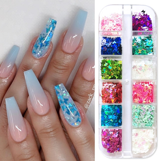 Mirror Sparkly Butterfly Nail Sequins Paillette Mixed Colors Nail Holographics Glitter 3D Flakes Slices Spangle Art Accessories