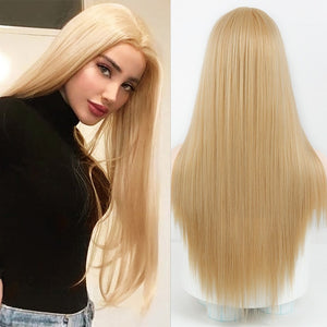 Black Long Straight Wig For Women Both sides Gold Hair Middle Part Heat Resistant Wavy Cosplay Wig For Girl