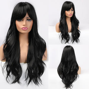 EASIHAIR Long Dark Brown Women's Wigs with Bangs Water Wave Heat Resistant Synthetic Wigs for Black Women African American Hair