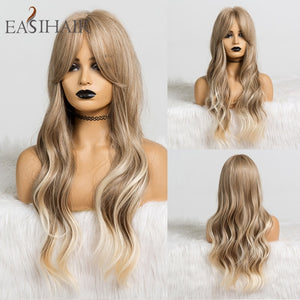 EASIHAIR Long Dark Brown Women's Wigs with Bangs Water Wave Heat Resistant Synthetic Wigs for Black Women African American Hair