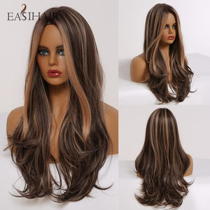 EASIHAIR Long Dark Brown Women's Wigs with Bangs Water Wave Heat Resistant Synthetic Wigs for Black Women African American Hair