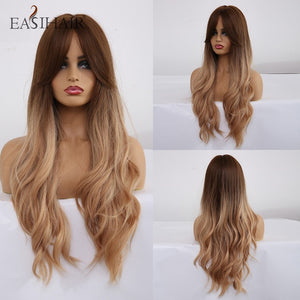 EASIHAIR Long Dark Brown Women's Wigs with Bangs Water Wave Heat Resistant Synthetic Wigs for Black Women African American Hair