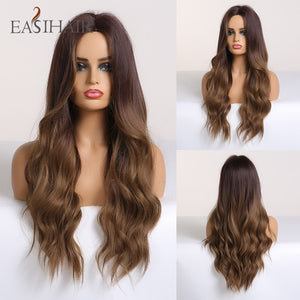 EASIHAIR Long Dark Brown Women's Wigs with Bangs Water Wave Heat Resistant Synthetic Wigs for Black Women African American Hair