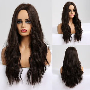 EASIHAIR Long Dark Brown Women's Wigs with Bangs Water Wave Heat Resistant Synthetic Wigs for Black Women African American Hair