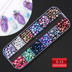 12 Grid Multi-size Nail Rhinestones 3D Crystal AB Clear Nail Stones Gems Pearl DIY Nail Art Decorations Gold Silver Rivet Rhines