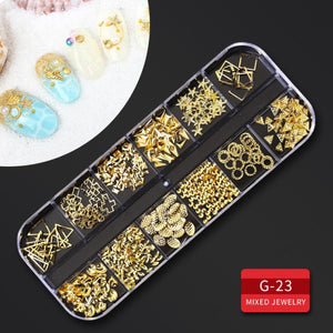 12 Grid Multi-size Nail Rhinestones 3D Crystal AB Clear Nail Stones Gems Pearl DIY Nail Art Decorations Gold Silver Rivet Rhines