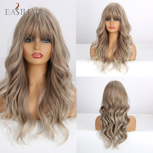 EASIHAIR Long Black Wigs Cosplay Body Wave Synthetic Wigs with Full Bangs For White/Black Women Brazilian American Natural Hair