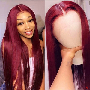 Peruvian Straight Hair 13X1 Lace Front Wig Human Hair Wigs 99J Red Burgundy Pre-Plucked 180% Remy Human Hair Deep Part Wigs