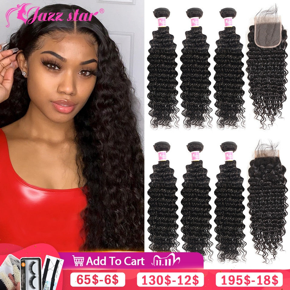 Brazilian Deep Wave Bundles With Closure Non-Remy Human Hair 3 and 4 Bundles With Lace Closure Queen Mary Human Hair Extensions