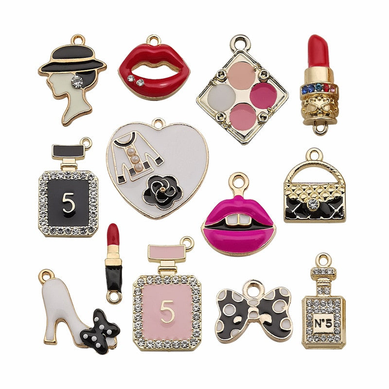 Mix 13pcs/pack Sexy Mouth Lipstick  Perfume Make Up  Enamel Charms for Earring Bracelets DIY  Jewelry Making