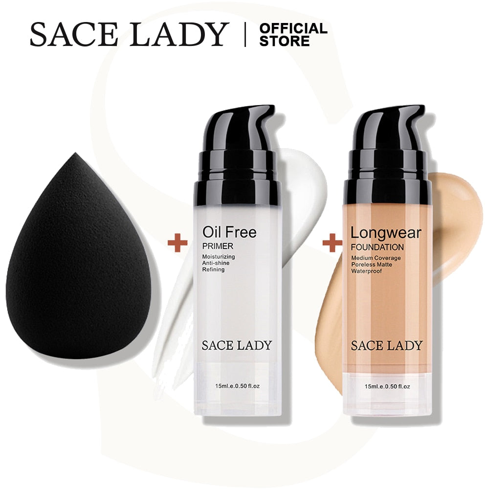 SACE LADY Matte Makeup Set Oil Control Foundation Primer Base Make Up Kit Puff Invisible Pores Liquid Cream Cosmetic Wholesale