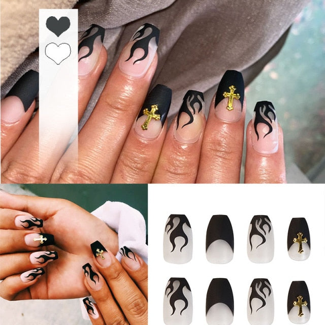 24pcs 4 Fire Patterns Design Cool Girls Hand Decorative False Nails with Glue Full Cover Detachable false nails with designs