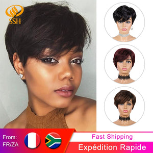 SSH Short Human Hair Wigs Pixie Cut Straight Remy Brazilian Hair for Black Women Machine Made Highlight Color Cheap Glueless Wig