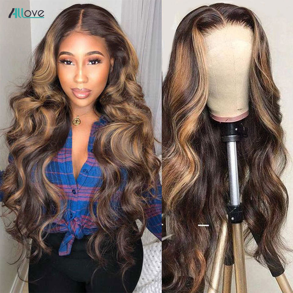 Honey Blonde Brown Highlight Wig Human Hair Body Wave Lace Front Wig 4 27 Ombre Human Hair Wigs For Women 150% Lace Frontal Wig