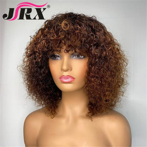 Jerry Curly Human Hair Wigs with Bangs Full Machine Made Wigs Highlight Honey Blonde Colored Wigs For Women Peruvian Remy Hair