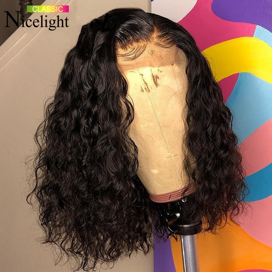 Nicelight Brazilian Water Wave Lace Frontal Wig Remy Pre-Plucked Curly Lace Closure Wigs Human Hair Wet And Wavy Short Bob Wigs