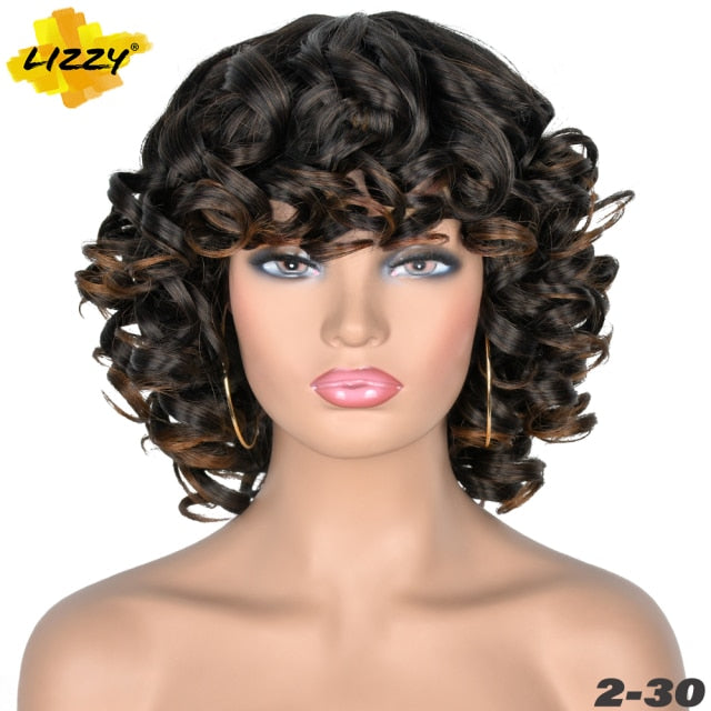 Short Hair Afro Curly Wig With Bangs Loose Synthetic Cosplay Fluffy Shoulder Length Natural Wigs For Black Women Dark Brown 14"